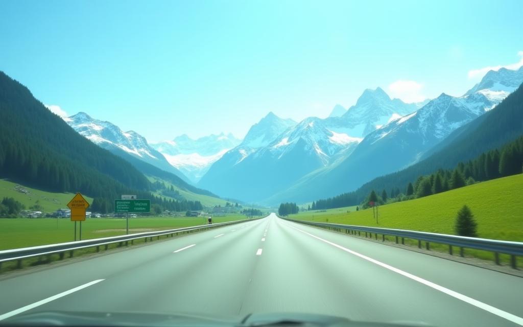 Scenic Swiss mountain road view with a vignette